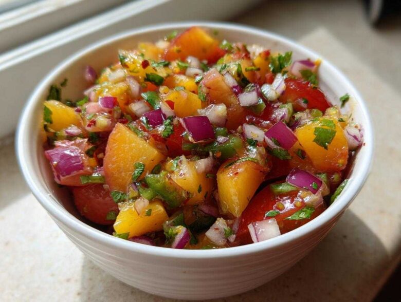 Close-up of a white bowl filled with colorful Peach Cherry Salsa featuring diced peaches, red onion, and cilantro.