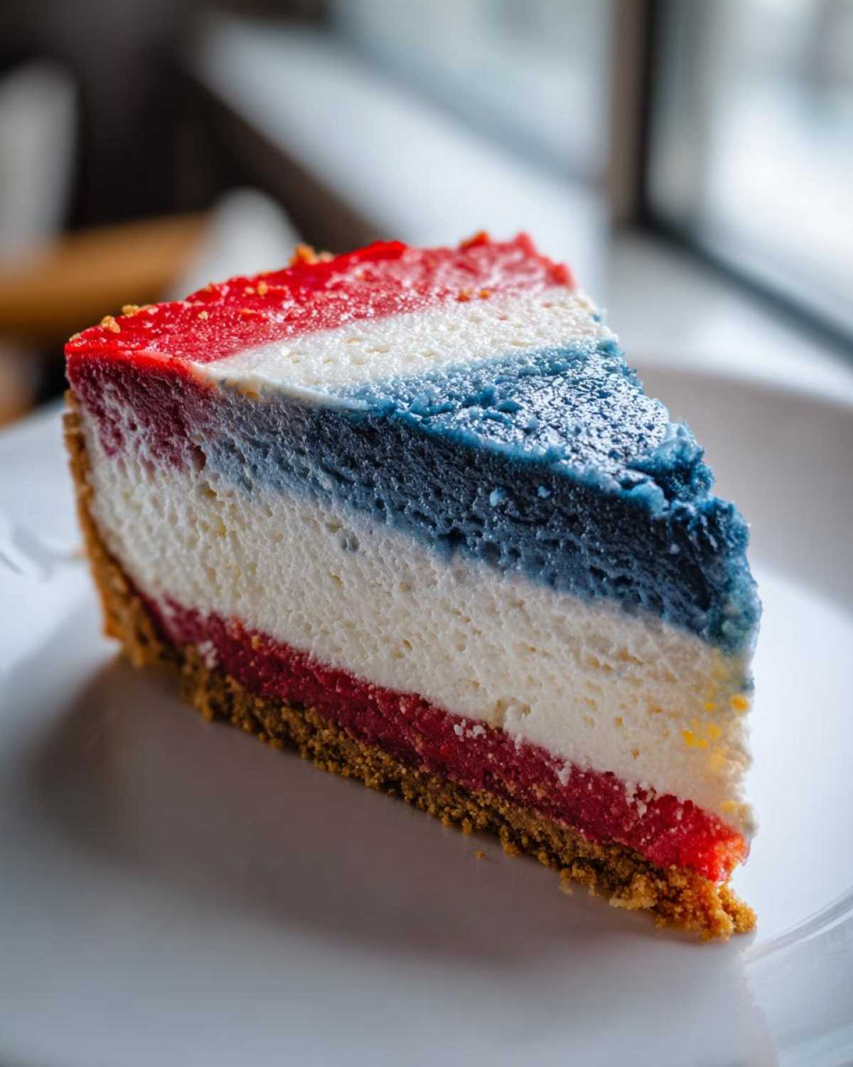 A close-up slice of Red White and Blue Cheesecake showing distinct red, white, and blue layers on a graham cracker crust.