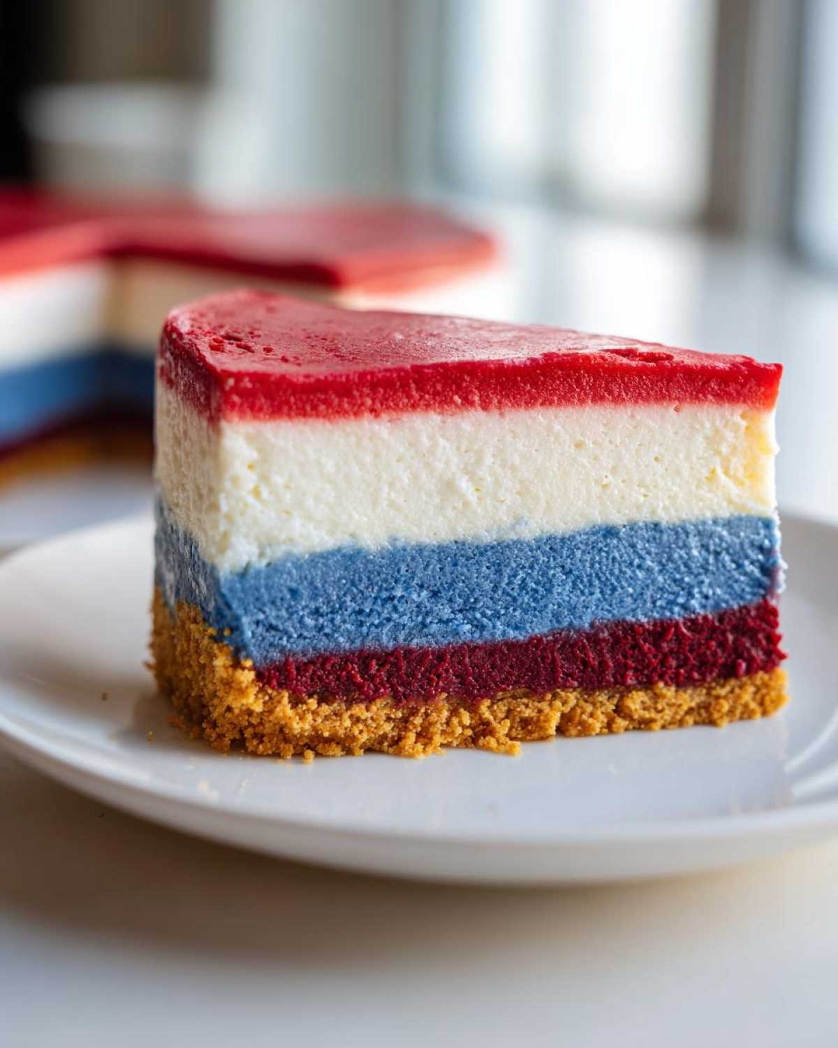 A perfect slice of Red White and Blue Cheesecake showing four distinct layers: graham crust, red, blue, and white filling, topped with red glaze.