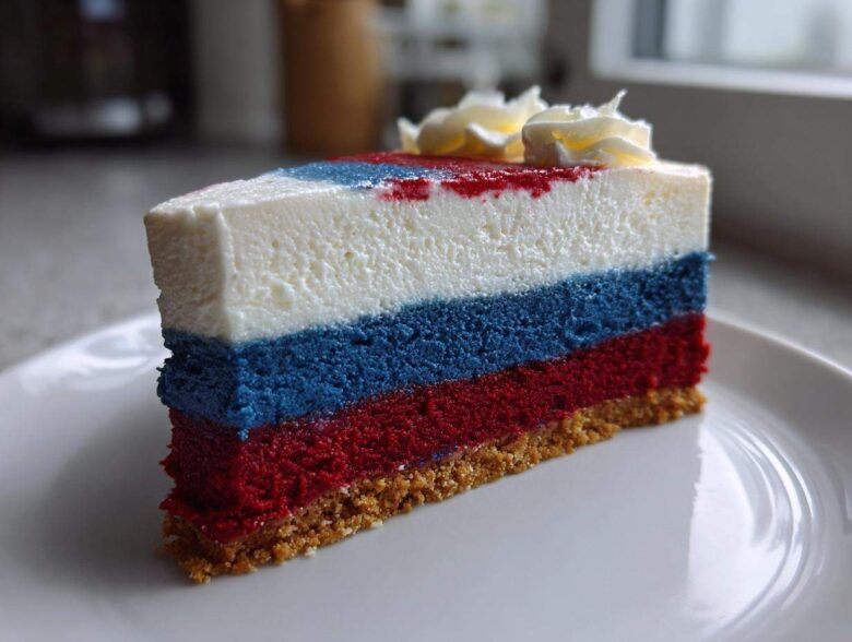A perfect slice of Red White and Blue Cheesecake showing distinct red, blue, and white layers on a graham cracker crust.