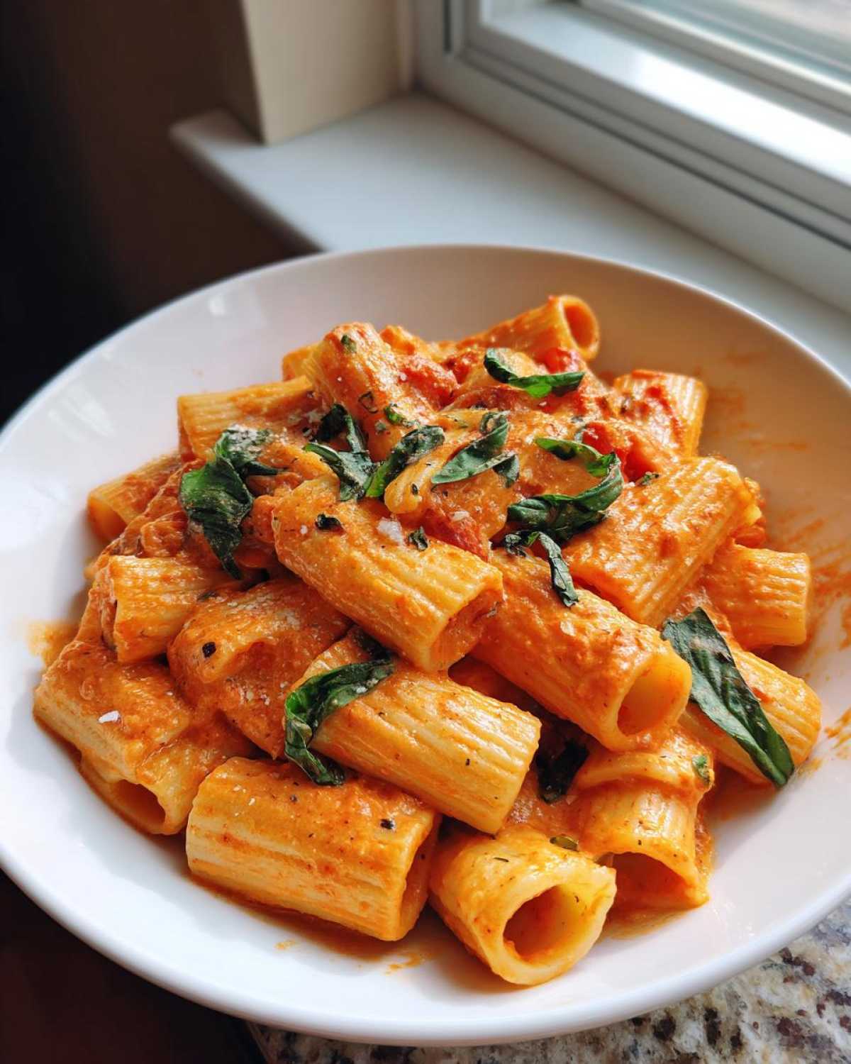 A white bowl filled with rigatoni pasta coated in Garlicky Pasta with Tomato Cream Sauce, topped with fresh basil.