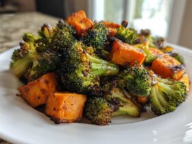 Close-up of perfectly Roasted Broccoli and Sweet Potatoes, slightly charred and seasoned, served on a white plate.