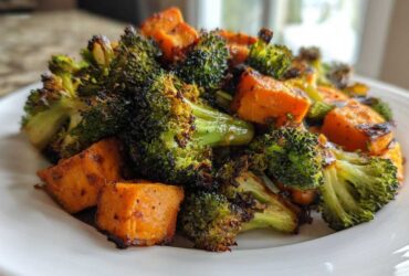 Close-up of perfectly Roasted Broccoli and Sweet Potatoes, slightly charred and seasoned, served on a white plate.