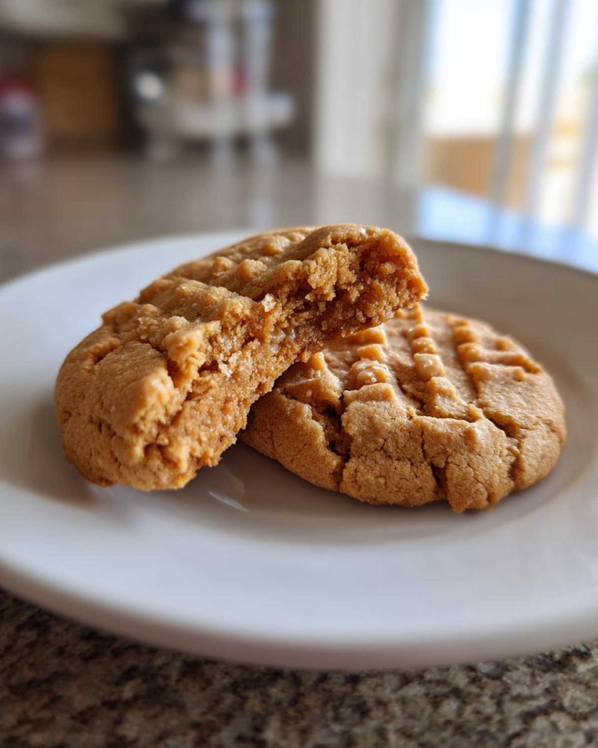 Two classic Peanut Butter Cookies on a white plate, one broken in half showing the soft, chewy interior.