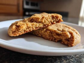 Close-up of a soft Peanut Butter Cookies broken in half, showing the chewy interior texture on a white plate.