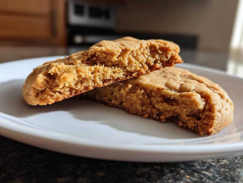Close-up of a soft Peanut Butter Cookies broken in half, showing the chewy interior texture on a white plate.