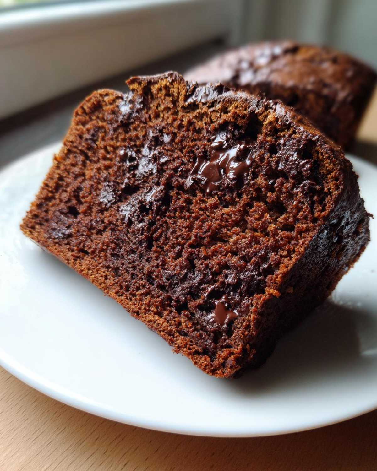 Close-up of a moist slice of Sourdough Chocolate Chip Quick Bread showing melted chocolate chips.
