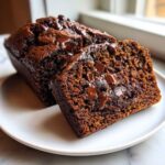 Two slices of rich, dark Sourdough Chocolate Chip Quick Bread showing melted chocolate chips on a white plate.