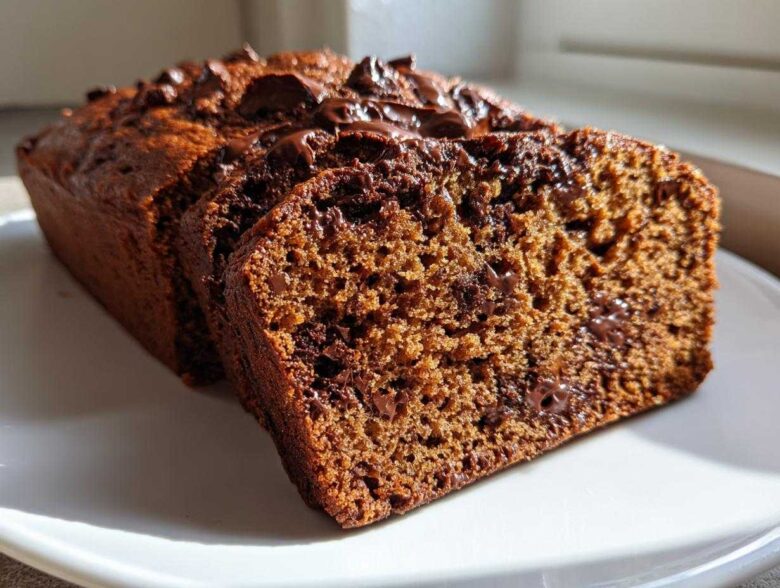 Close-up of sliced Sourdough Chocolate Chip Quick Bread showing moist crumb and melted chocolate chips.