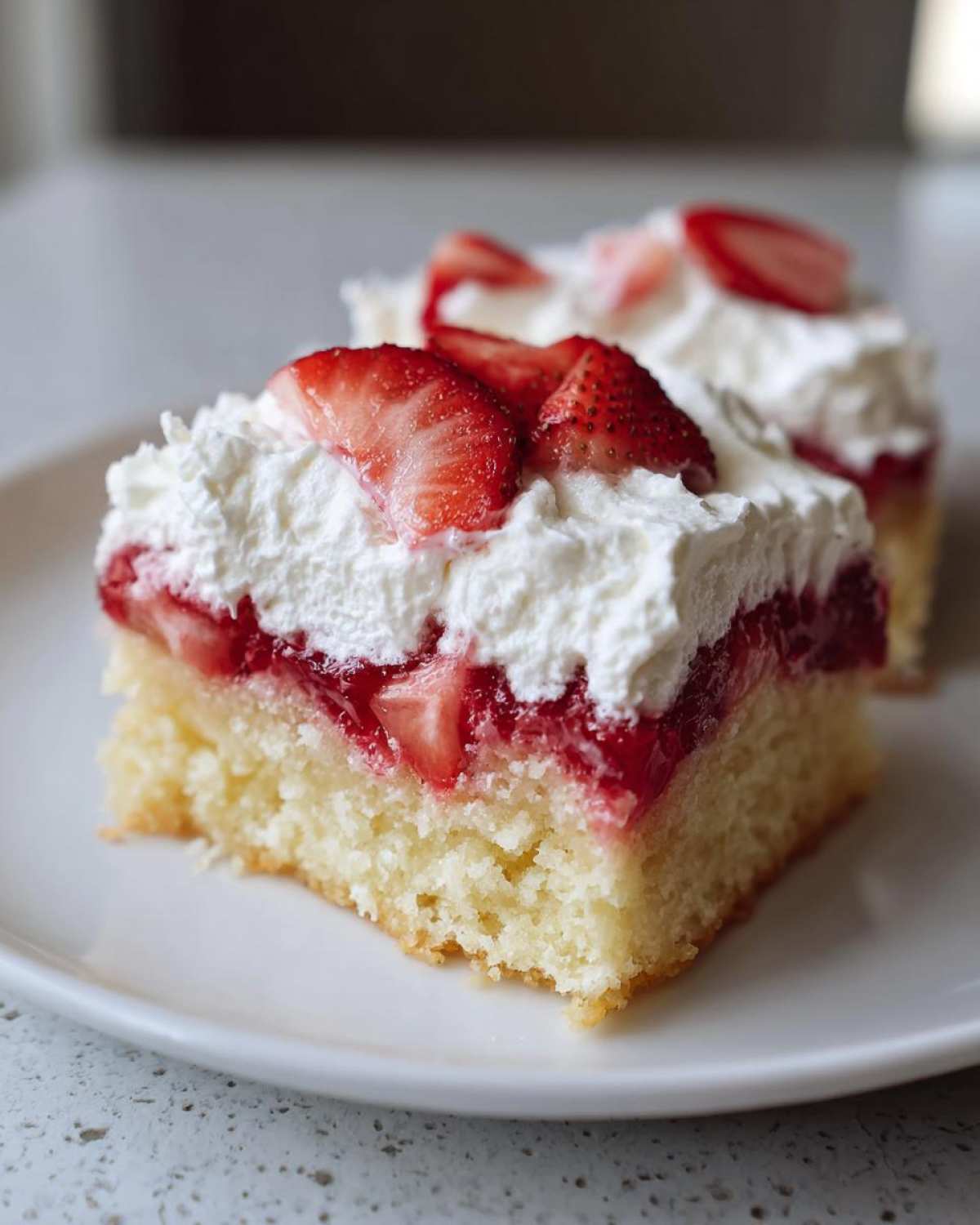 Close-up of a square slice of Strawberry Shortcake Bars featuring a thick cake base, strawberry filling, and generous whipped cream topping.