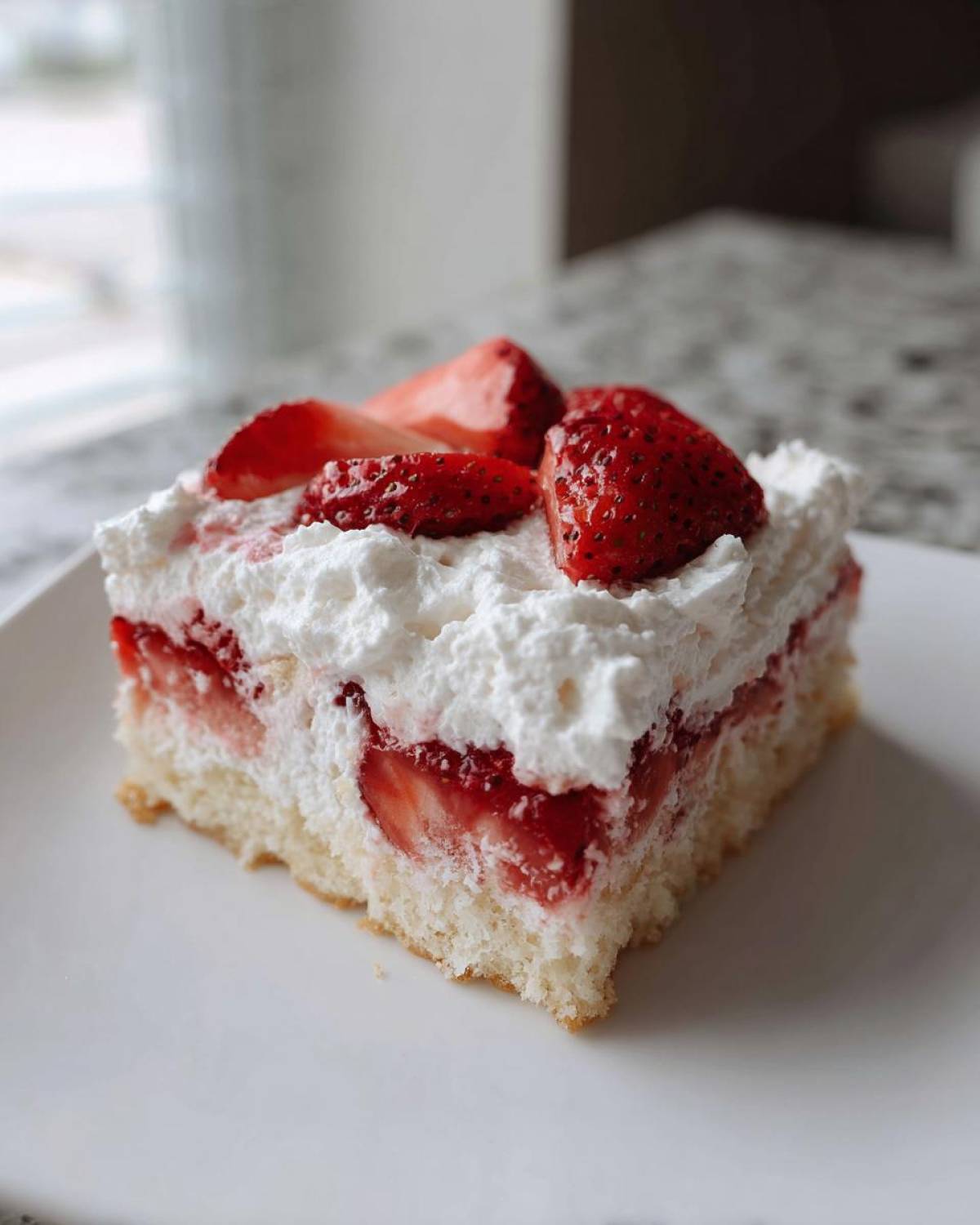 Close-up of a square slice of Strawberry Shortcake Bars with layers of cake, strawberries, and whipped cream topping.