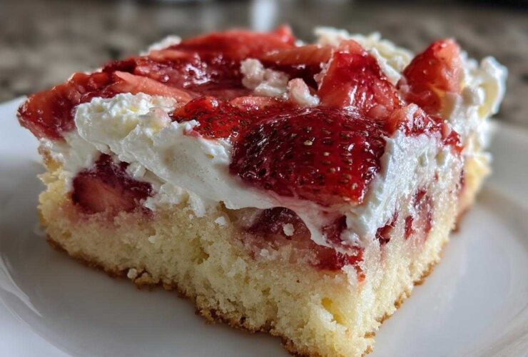 Close-up of a moist slice of Strawberry Shortcake Bars featuring a thick cake base, whipped cream, and glazed strawberries.