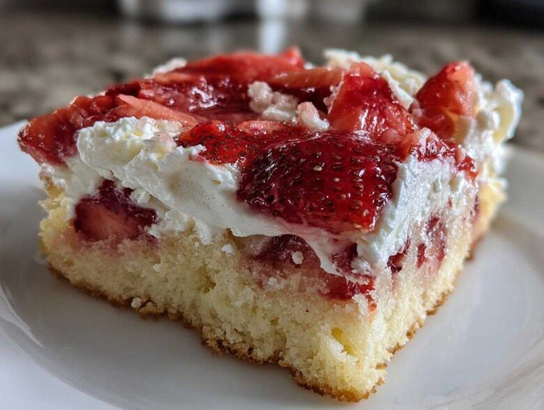 Close-up of a moist slice of Strawberry Shortcake Bars featuring a thick cake base, whipped cream, and glazed strawberries.
