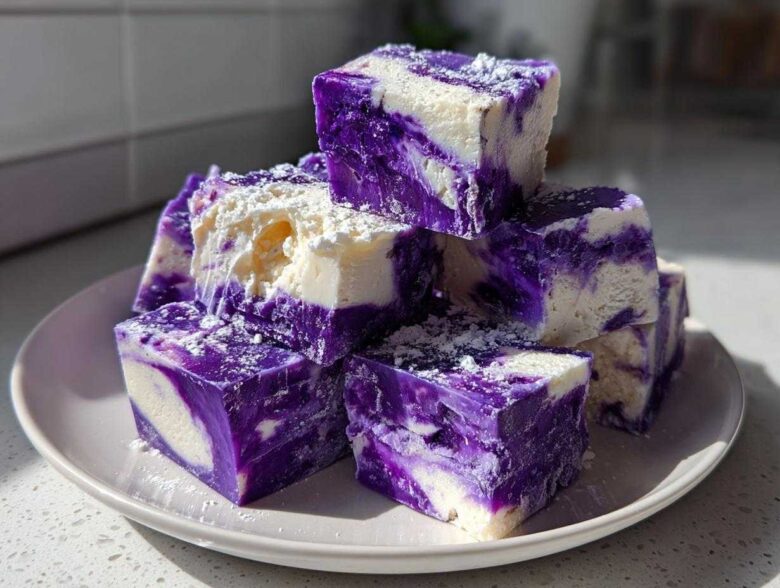 A stack of vibrant purple and white marbled Blueberry Fudge squares dusted with powdered sugar on a light plate.