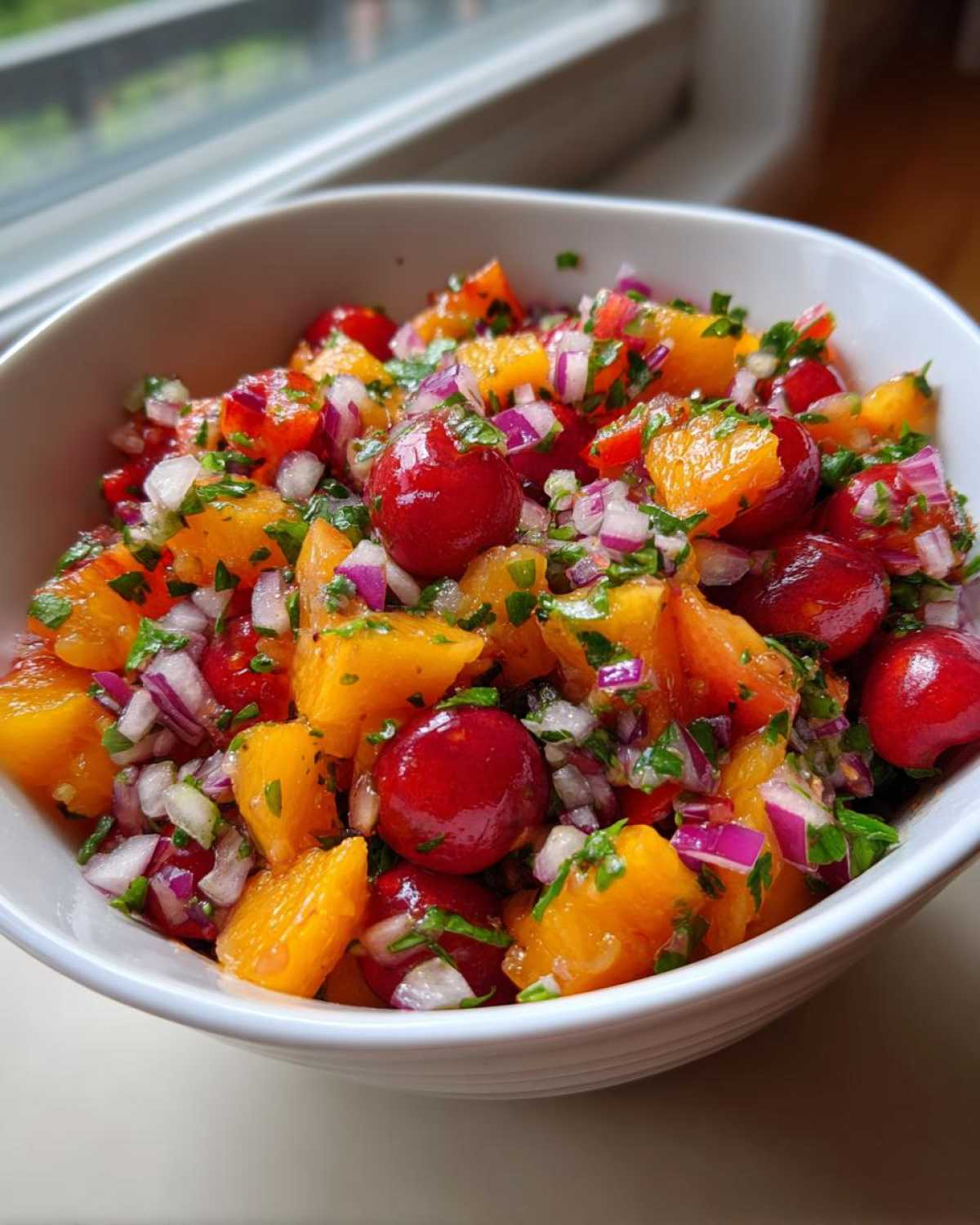 Close-up of vibrant Peach Cherry Salsa featuring diced peaches, whole cherries, red onion, and cilantro in a white bowl.
